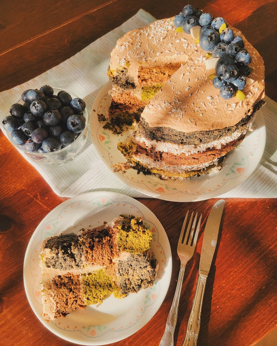 Matcha, Black Seasame & Cacao Checkerboard Cake